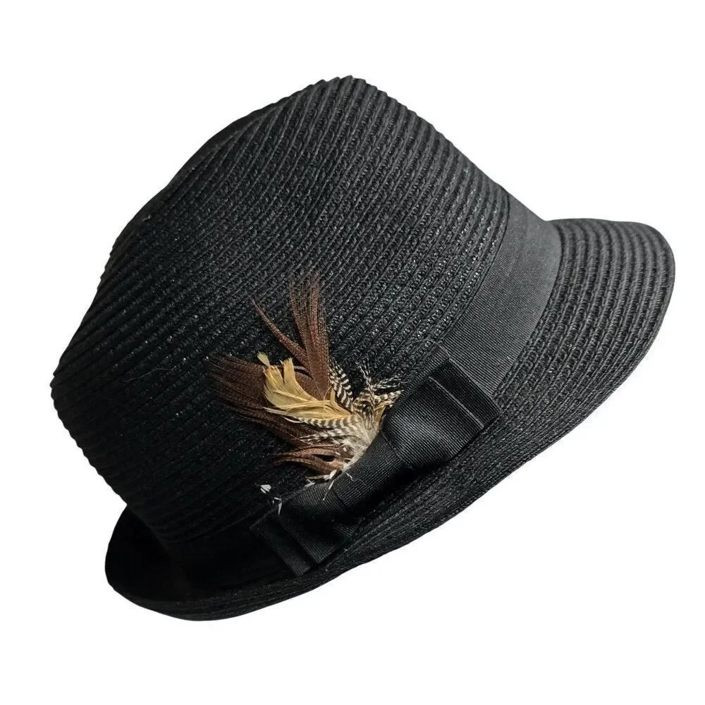 Black Straw Fedora Hat With Feather Accent Quirky Vintage Charm daper